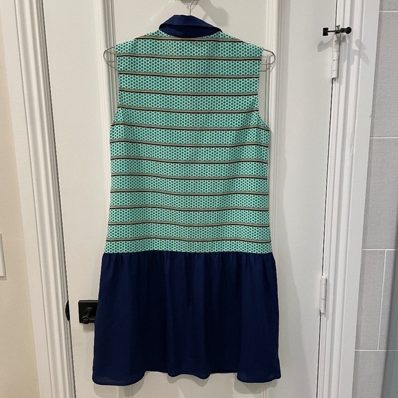 Cremieux Sleevelss Button-Down Mini Dress; Navy,‎ White/Green Dots; Size 4 - Picture 2 of 4